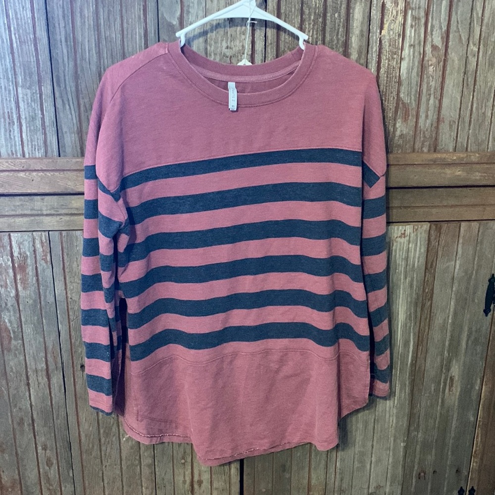Women’s Z Supply Striped Varsity Crew Neck Stone Sun Washed Oversized Sweatshirt